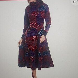 Farm Rio Anthropologie leopard knit sweater turtleneck midi dress size S